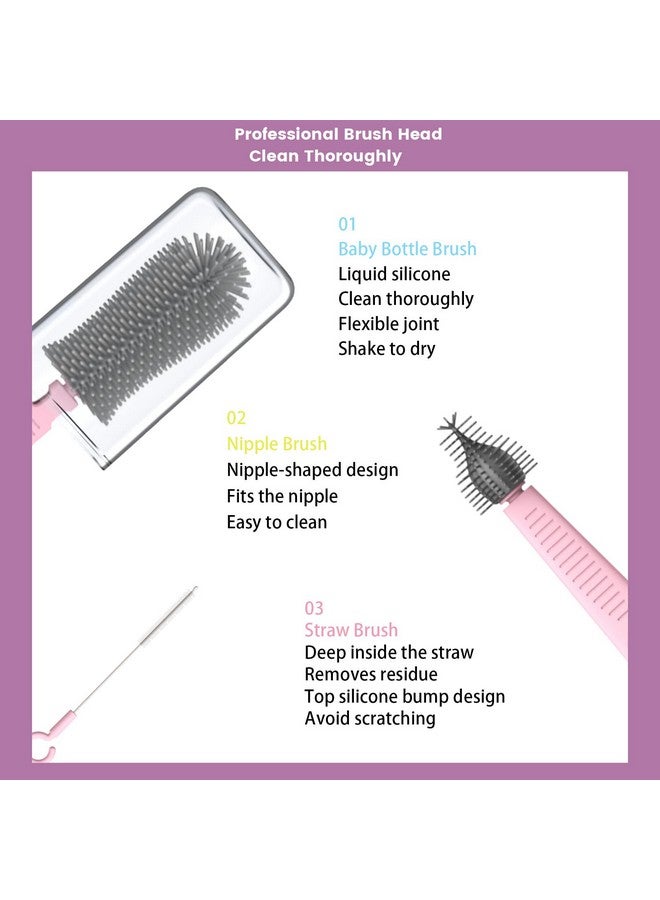 Augensterm Pink Silicone Baby Bottle Cleaner Kit - Bottle Brush Set, Drying Rack, Nipple & Straw Brushes, Soap Dispenser - Travel & Home Use - Image 3
