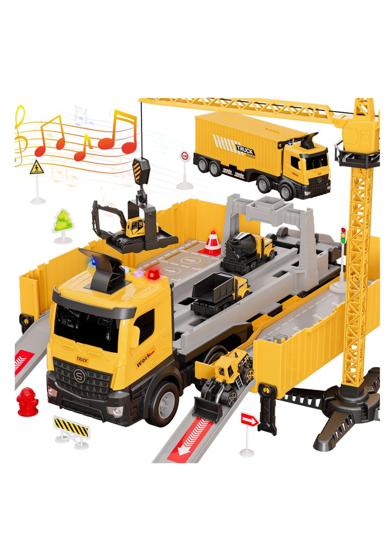 XiuWoo - Carrier Truck Race Track Kids Toys,Construction Truck Toys Set with Crane,Excavator,Bulldozer,Dump Trucks,Cement Truck Alloy Vehicle Toys Birthday for 3 4 5 6 7 Years Old Boys Gifts - Image 1