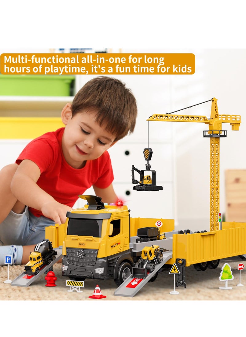 XiuWoo - Carrier Truck Race Track Kids Toys,Construction Truck Toys Set with Crane,Excavator,Bulldozer,Dump Trucks,Cement Truck Alloy Vehicle Toys Birthday for 3 4 5 6 7 Years Old Boys Gifts - Image 1