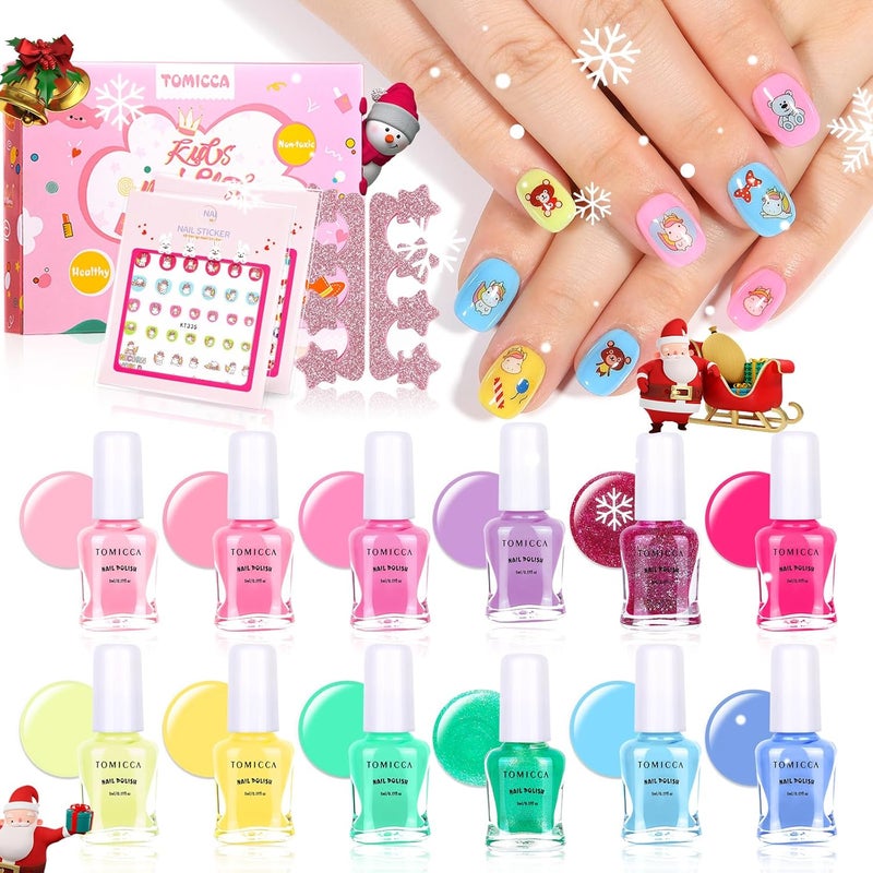 TOMICCA Kids Nail Polish Set - 12 Candy Rainbow Colors Non Toxic Water Based Odorless Peel Off Quick Dry Natural Safe for Toddler Parties & Birthday Girls (Ages 3+)