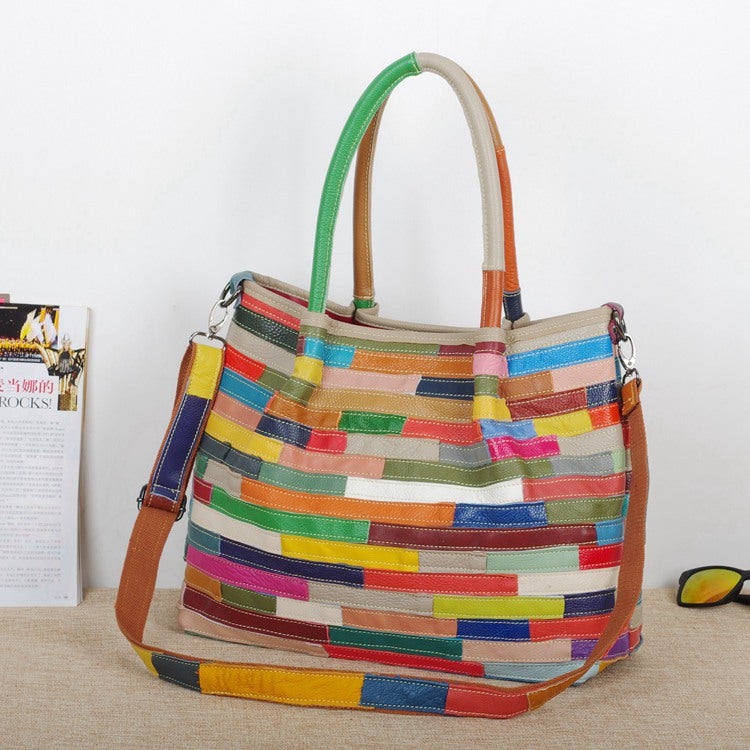 Leather Women'S Bag Snake Pattern Contrast Cowhide Handmade Stitching Design Large Capacity Crossbody Women'S Shoulder Tote Bag - Image 4