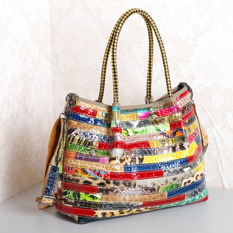 Leather Women'S Bag Snake Pattern Contrast Cowhide Handmade Stitching Design Large Capacity Crossbody Women'S Shoulder Tote Bag - Image 3