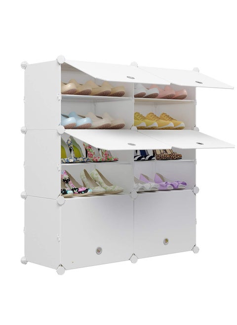 6-Tier Shoe Rack, Shoe Tower Storage Cabinet, Space Saving DIY Plastic Cube Storage Organizer Units,Modular Shoe Cabinet with Doors, White