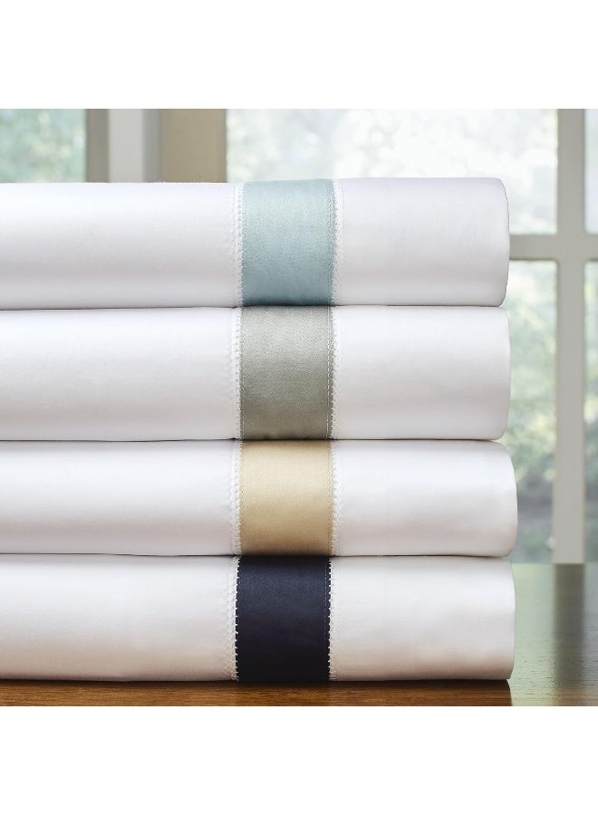 Pointehaven 525 Thread Count 100% Long Staple Cotton Oversized Soft Sateen Queen White Sheet Set with Steel Grey Hem - Image 1