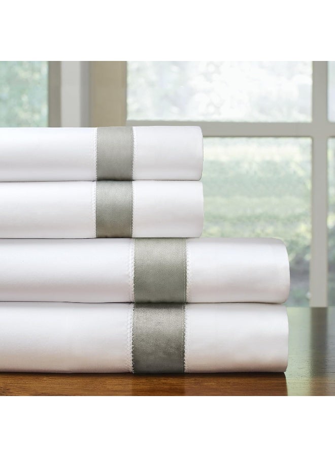 Pointehaven 525 Thread Count 100% Long Staple Cotton Oversized Soft Sateen Queen White Sheet Set with Steel Grey Hem - Image 3