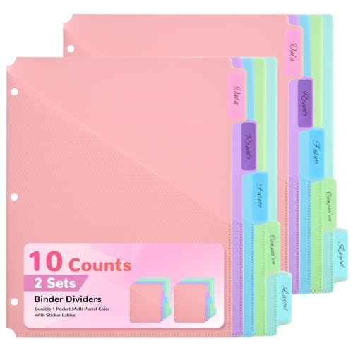 SUIN 5-Tab Binder Dividers with Pockets - Heavy Duty Plastic Dividers for 3 Ring Binder, Letter Size Poly Page Separators with Tabs & Label Stickers, Diamond Texture, 5 Pastel Colors, 2-Pack - Image 1