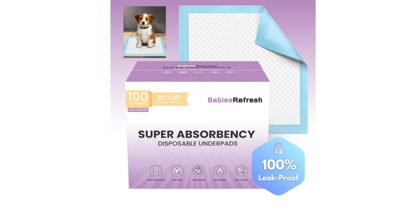 BabiesRefresh 100 Count Super Absorbency Medium 22â€ x 22" Disposable Underpads, Leakproof Quick Drying for Multi-use for Babies, Puppy Pads and Adults, Potty Training Pads, Pet Pee Pads, Cat Pee Pads, Blue - Image 1