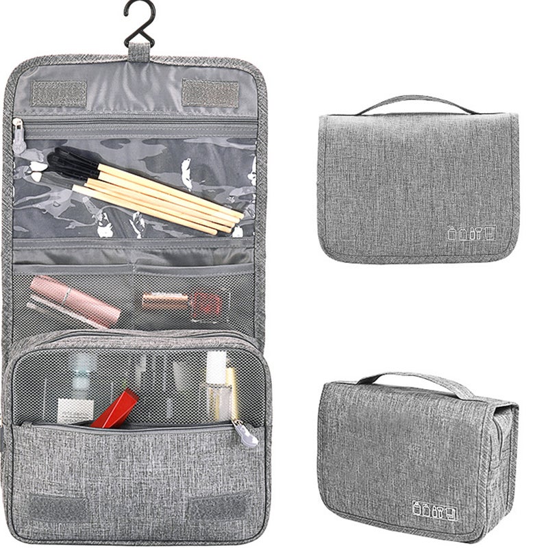 Multifunctional Portable Large Capacity Hanging Wash Bag Foldable Toiletry Bag Travel Cosmetic Pouch Organizer with Hook(Light Grey) - Image 2