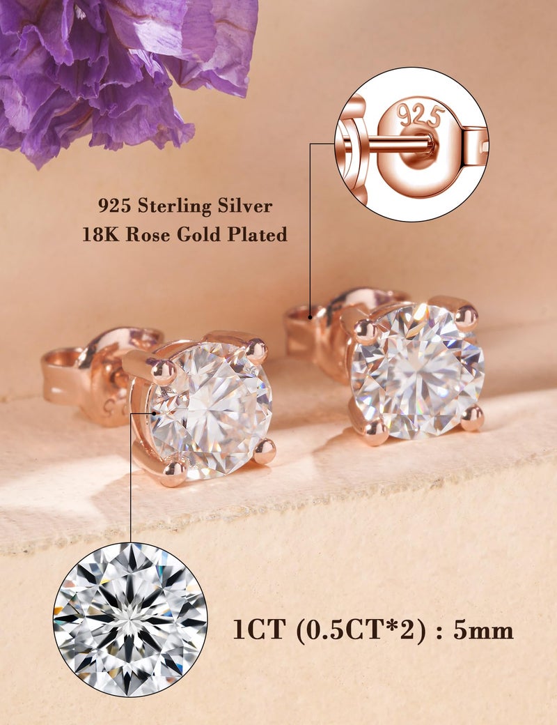 IMOLOVE Moissanite Stud Earrings with 0.6ct-3ct D Color Round Cut Lab Created Diamond Earrings in Sterling Silver with 18K Rose Gold Plated for Women Men-1 - Image 2