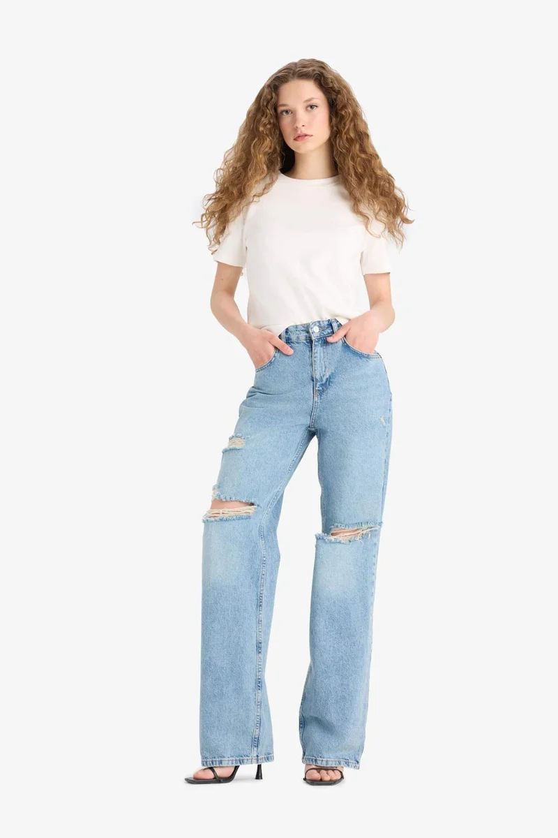 ديفاكتو Straight Wide Ripped Detailed High Waist Long Jeans