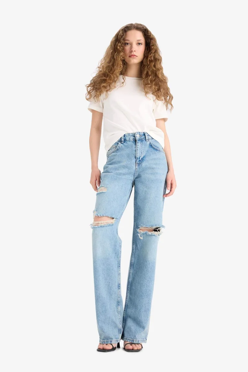 ديفاكتو Straight Wide Ripped Detailed High Waist Long Jeans