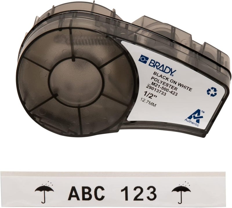 Brady Black on White Polyester Tape for BMP21-PLUS and BMP21-LAB, 12.70 mm x 6.40 m - Image 1
