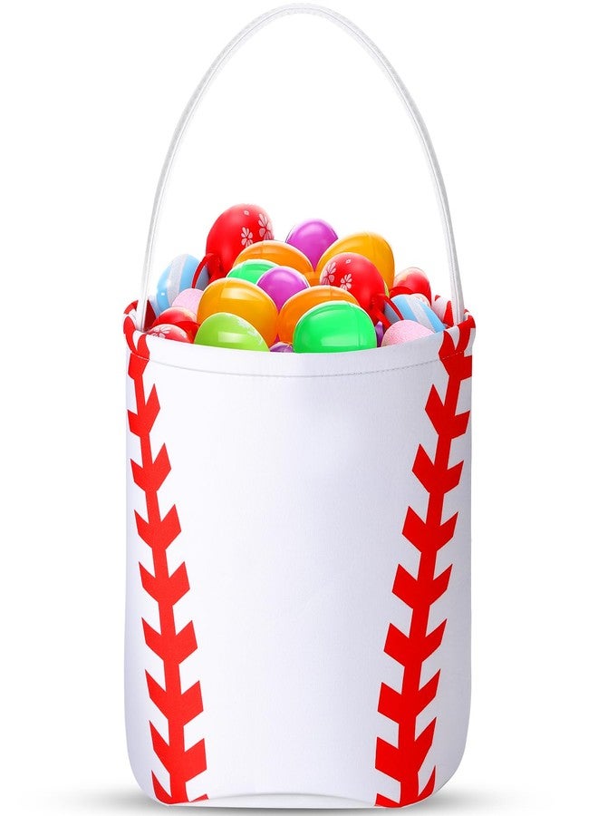 Weewooday 1 Pcs Easter Baskets Baseball Basket Canvas Basket Easter Eggs Hunt Baskets Storage Gifts Candies Bucket Tote Bag with Handles for Kids Girls Boys Easter Halloween Parties - Image 1