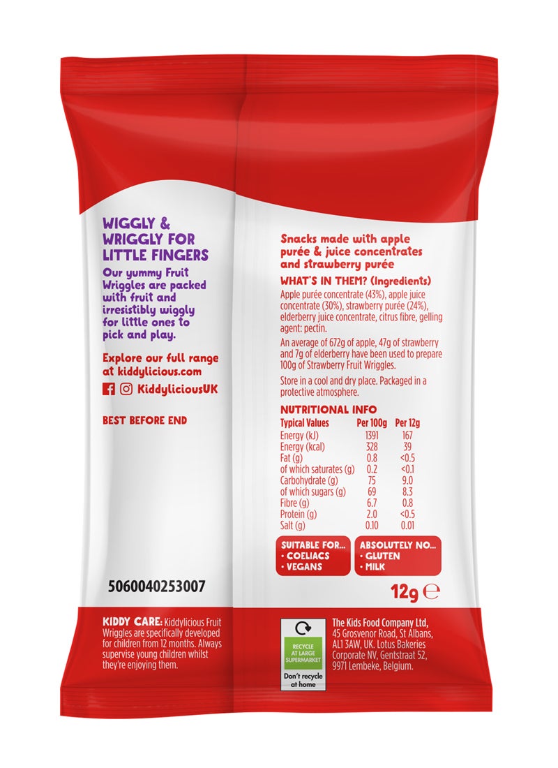 Kiddylicious Strawberry Wriggles Toddler Snacks 12g x 18 Packs | Real Fruit Kids Treat | Soft Chewy Snack for Babies 12+ Months | Gluten Free & No Artificial Preservatives - Image 3