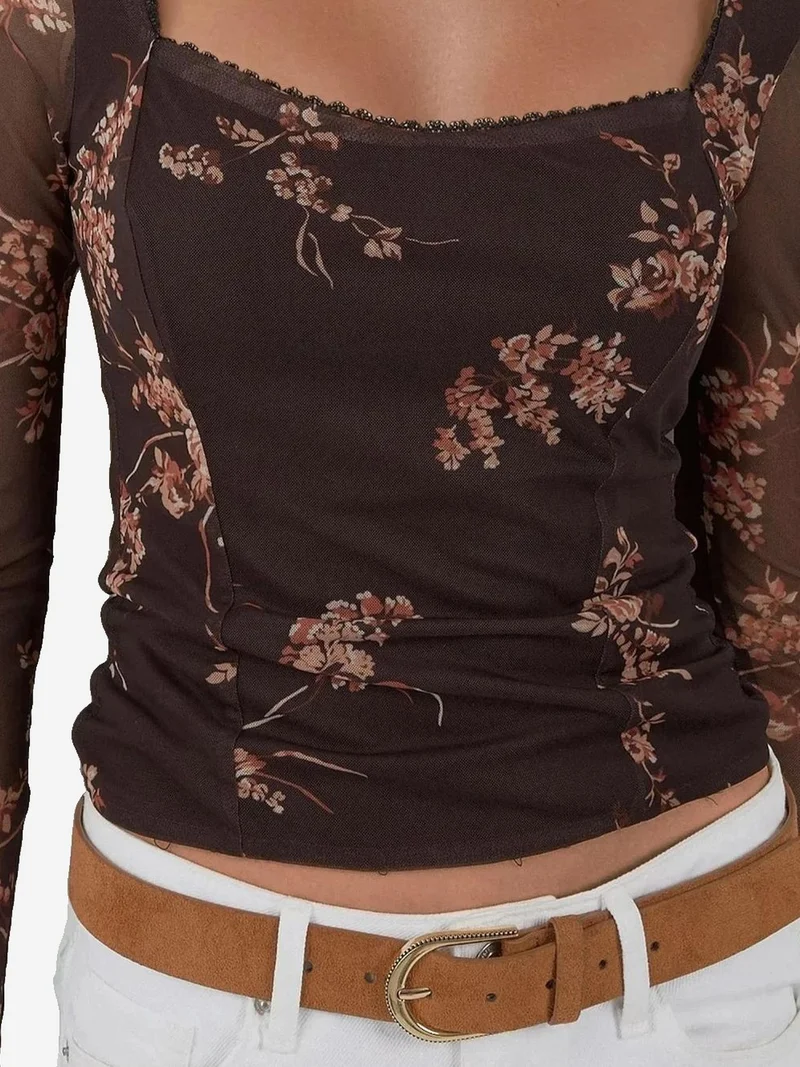 HICCUP Mocha Brown Heart Collar Printed Long Sleeve Top for Women | Best Price UAE