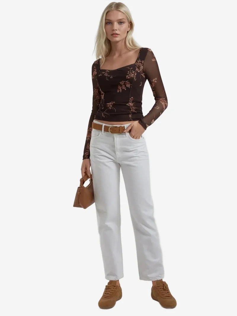 HICCUP Mocha Brown Heart Collar Printed Long Sleeve Top for Women | Best Price UAE