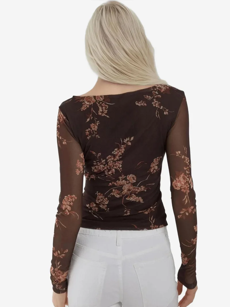 HICCUP Mocha Brown Heart Collar Printed Long Sleeve Top for Women | Best Price UAE