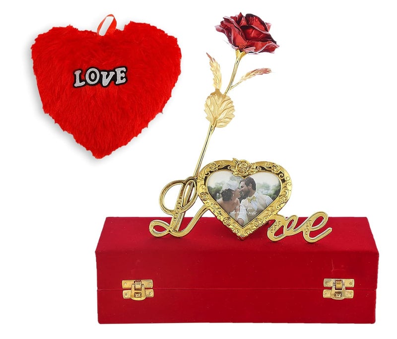 INTERNATIONAL GIFT INTERNATIONAL GIFT Red Rose and Photo Frame Stand with Red Velvet Box and Heart Shape Red PillowCushions 25 cm 