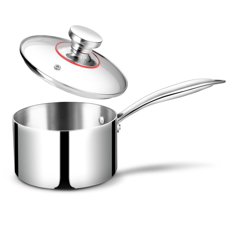 Joyfair 14cm Saucepan 1 Litre TriPly Stainless Steel Sauce Pan with Glass Lid Small Milk PanSauce Pot Cookware for Induction Gas Halogen Oven Electric Ceramic Non Toxic  Easy to Clean Silver