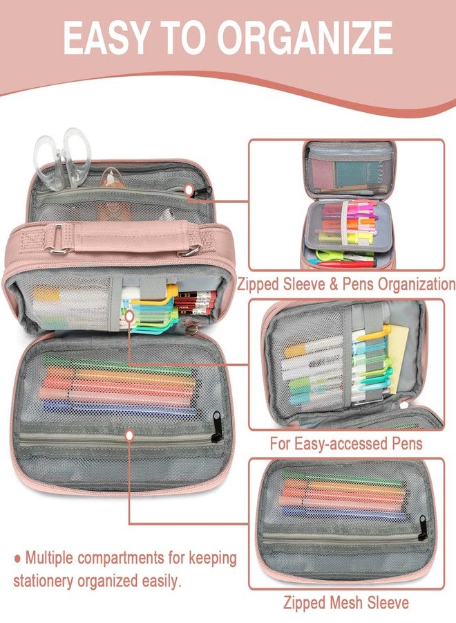 فاشي مقلمة فاشي، حقيبة أقلام كبيرة بأقسام، مناسبة للمرحلة المتوسطة، والعمل، والمكتب، وحامل أقلام، ومستلزمات مدرسية، لون وردي - Image 3