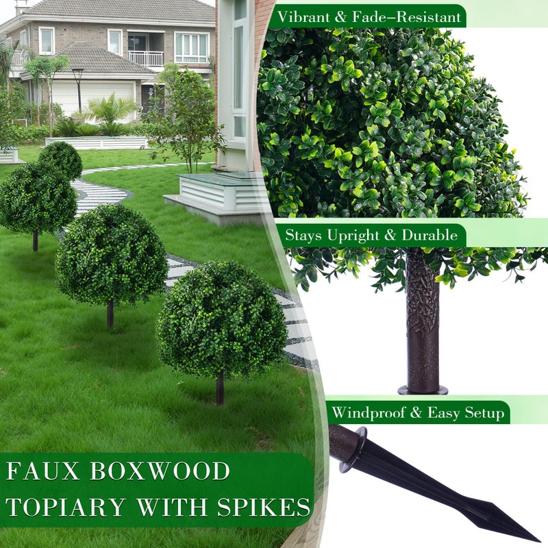ATLIKE 24'' Outdoor Artificial Topiary Boxwood Tree, Faux Plants Shurbs with Spike, 2 Set Topiary Ball Tree Waterproof UV Resistant Fake Pot Filler Plants for Porch Home Outside Garden Spring Decor - Image 5