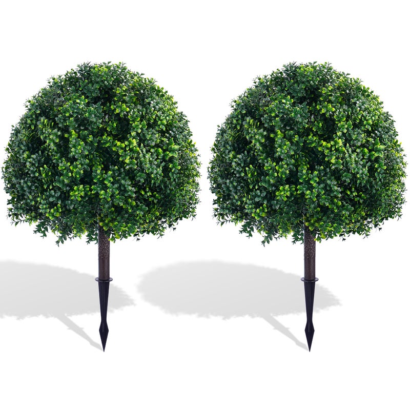 ATLIKE 24'' Outdoor Artificial Topiary Boxwood Tree, Faux Plants Shurbs with Spike, 2 Set Topiary Ball Tree Waterproof UV Resistant Fake Pot Filler Plants for Porch Home Outside Garden Spring Decor - Image 1
