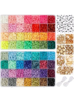 14420 Clay Diy Beads for Bracelet Making Kit, 56 Colors Spaced Black Stone Beads Flat Round Polymer Clay Beads with Charm Kit and Elastic String