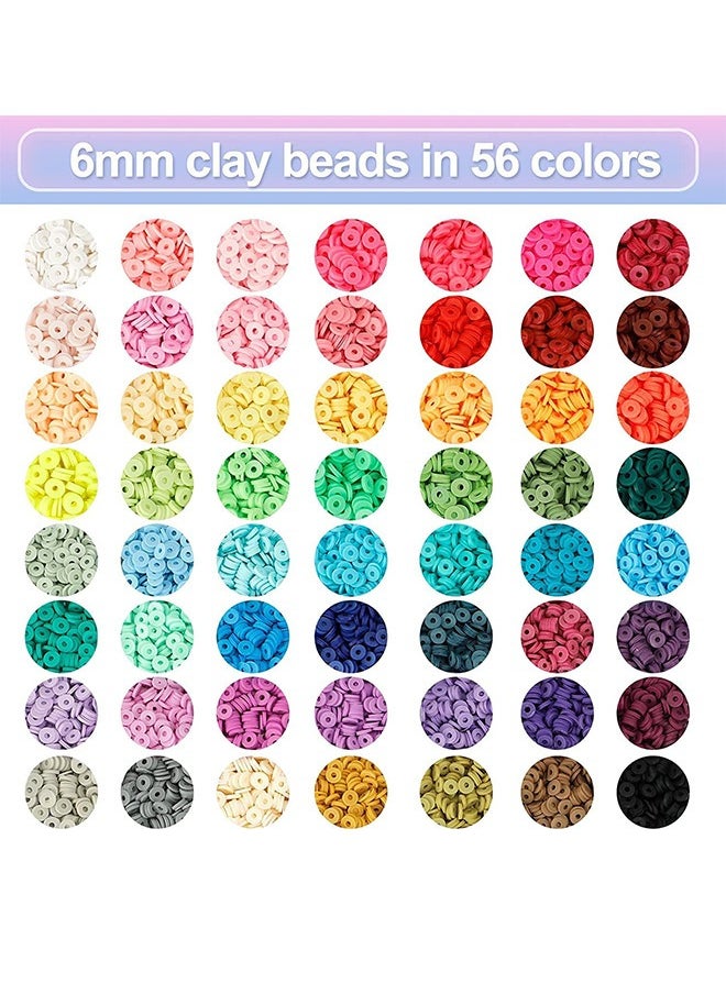 YelaJoy - 14420 Clay Diy Beads for Bracelet Making Kit, 56 Colors Spaced Black Stone Beads Flat Round Polymer Clay Beads with Charm Kit and Elastic String - Image 1
