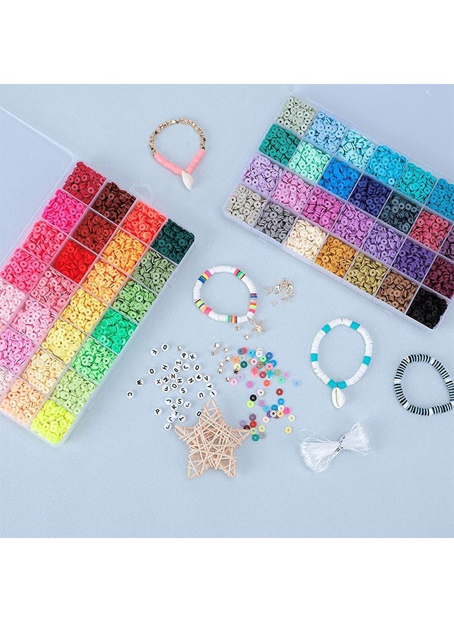 YelaJoy - 14420 Clay Diy Beads for Bracelet Making Kit, 56 Colors Spaced Black Stone Beads Flat Round Polymer Clay Beads with Charm Kit and Elastic String - Image 1