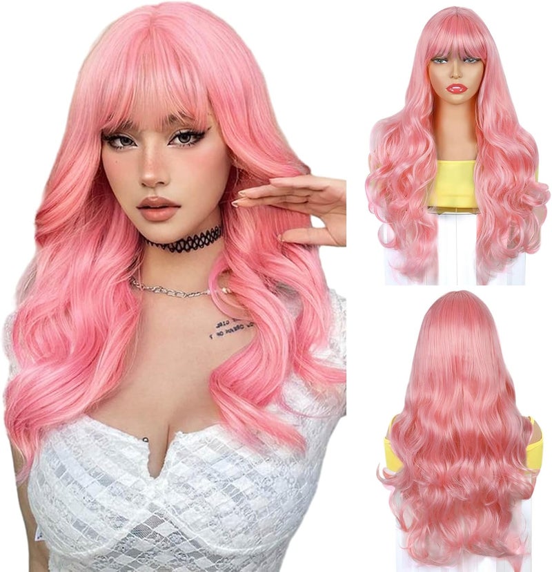 BECUS Pink Wig Wigs for Women Synthetic Wig Pink Wigs for Women Natural Curly with Straight Bangs for Cosplay Party Halloween Costume23 inch
