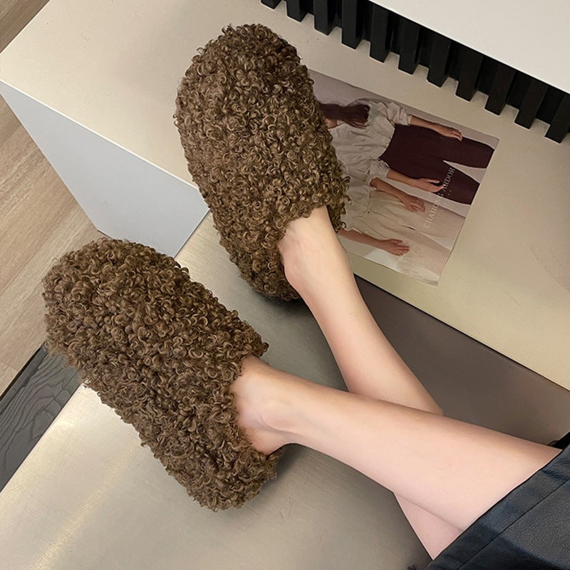 Platform Thick-Soled Baotou Furry Shoes For Women'S Outer Wear 2025 Spring New Popular Lamb Plush Warm And Heightening Cotton Slippers - Image 4