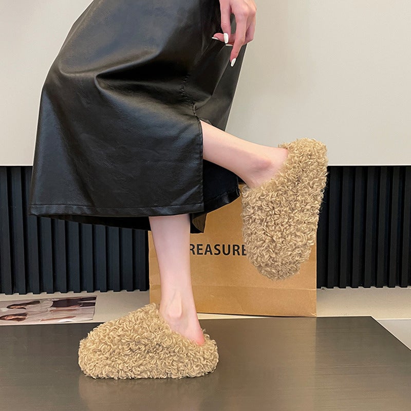 Platform Thick-Soled Baotou Furry Shoes For Women'S Outer Wear 2025 Spring New Popular Lamb Plush Warm And Heightening Cotton Slippers - Image 5