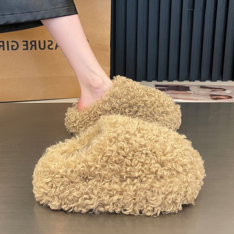 Platform Thick-Soled Baotou Furry Shoes For Women'S Outer Wear 2025 Spring New Popular Lamb Plush Warm And Heightening Cotton Slippers - Image 2