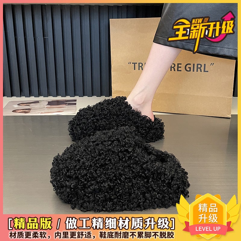 Platform Thick-Soled Baotou Furry Shoes For Women'S Outer Wear 2025 Spring New Popular Lamb Plush Warm And Heightening Cotton Slippers - Image 1