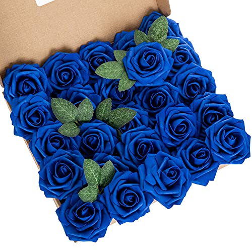 Exoment 25pcs Artificial Flower Foam Rose Real Touch Roses Flower Heads with Stem for DIY Wedding Bouquets Centerpieces Arrangements Party Baby Shower Home Decor (Royal Blue) - Image 1