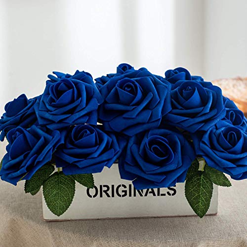 Exoment 25pcs Artificial Flower Foam Rose Real Touch Roses Flower Heads with Stem for DIY Wedding Bouquets Centerpieces Arrangements Party Baby Shower Home Decor (Royal Blue) - Image 2