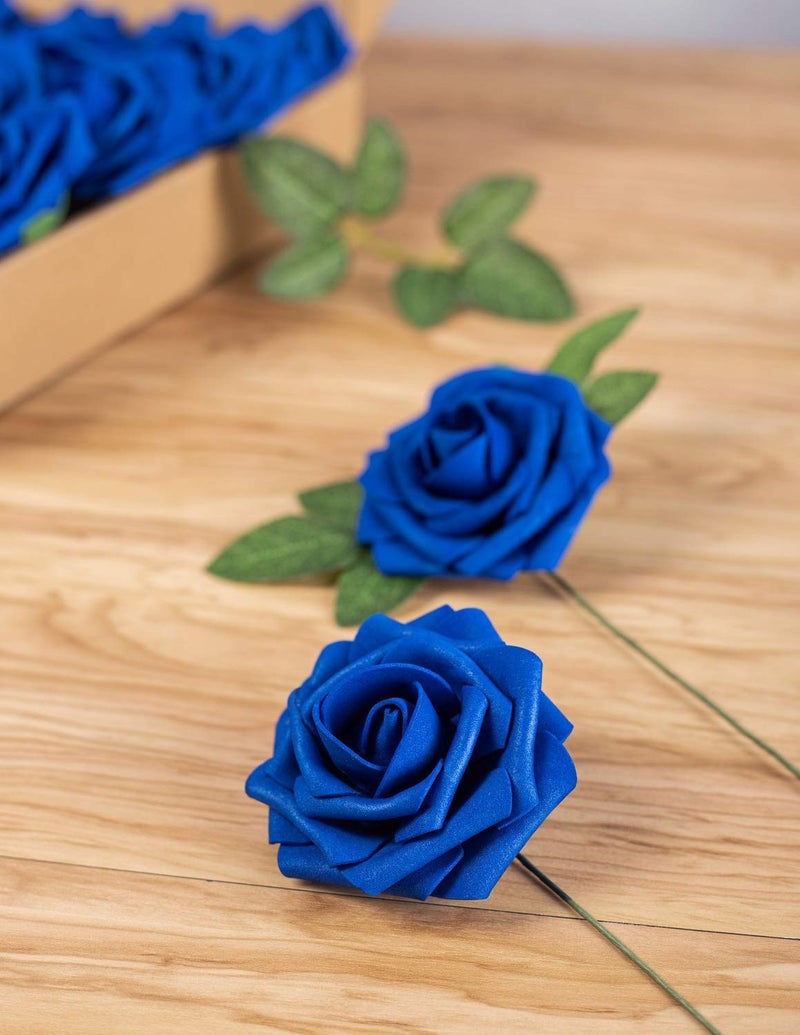 Exoment 25pcs Artificial Flower Foam Rose Real Touch Roses Flower Heads with Stem for DIY Wedding Bouquets Centerpieces Arrangements Party Baby Shower Home Decor (Royal Blue) - Image 4