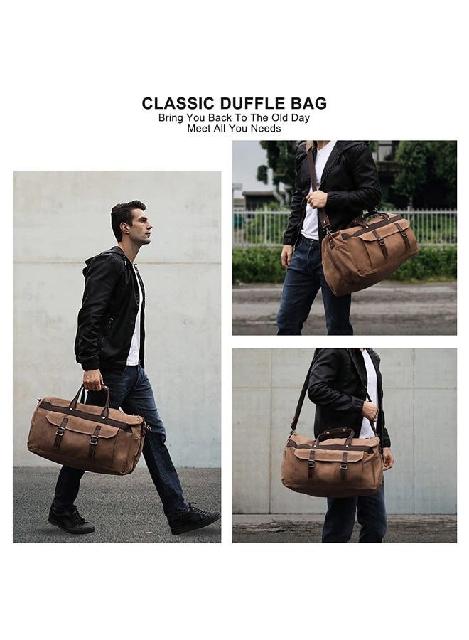 SOAEON Duffle Bag for Men Waterproof Genuine Leather Canvas Travel Duffel Bags for Women Overnight Weekender Bag for Traveling, Brown - Image 5
