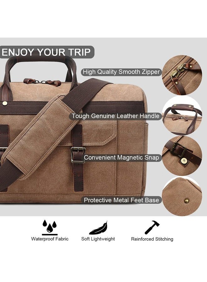 SOAEON Duffle Bag for Men Waterproof Genuine Leather Canvas Travel Duffel Bags for Women Overnight Weekender Bag for Traveling, Brown - Image 3