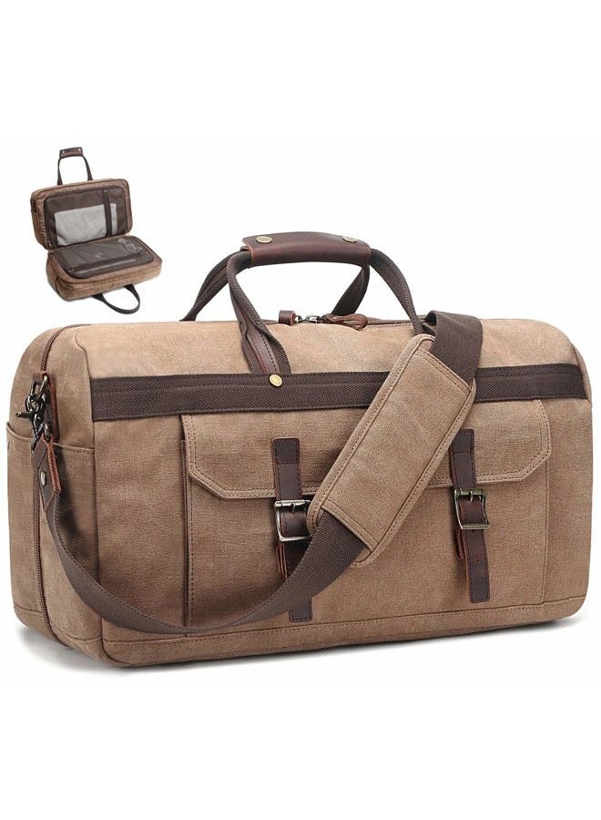SOAEON Duffle Bag for Men Waterproof Genuine Leather Canvas Travel Duffel Bags for Women Overnight Weekender Bag for Traveling, Brown - Image 1