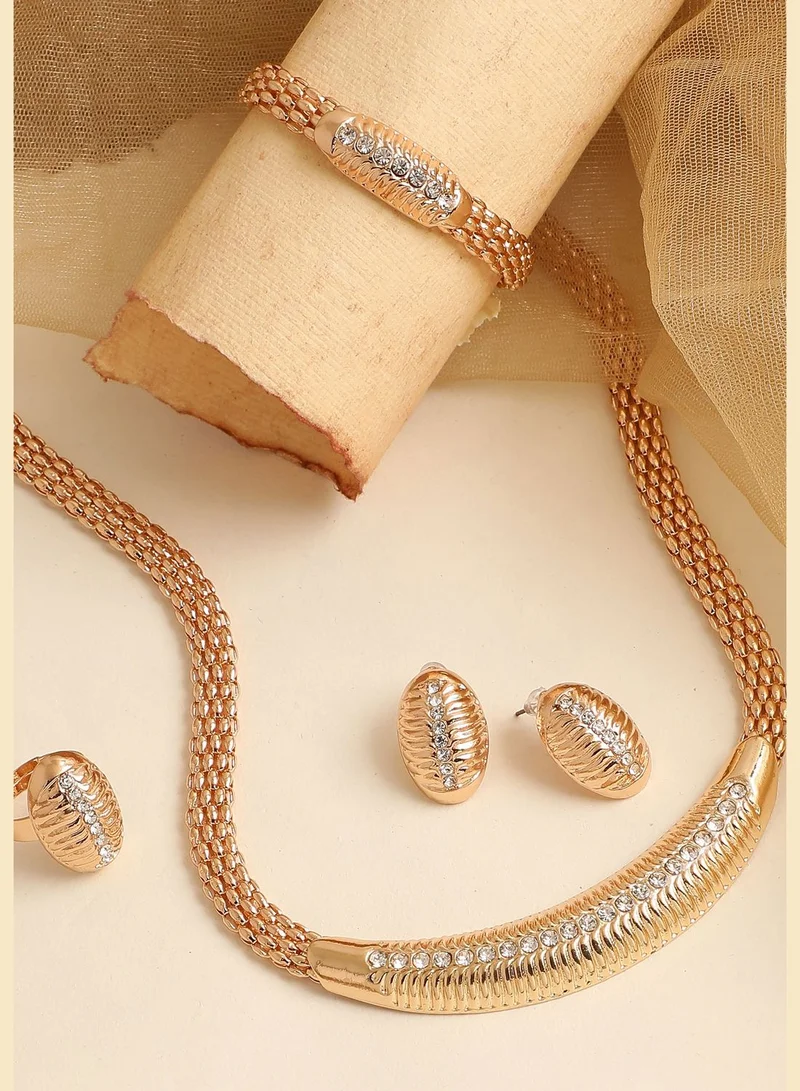 SOHI Gold Plated Designer Stone Necklace, Earring, Ring and Bracelet Set