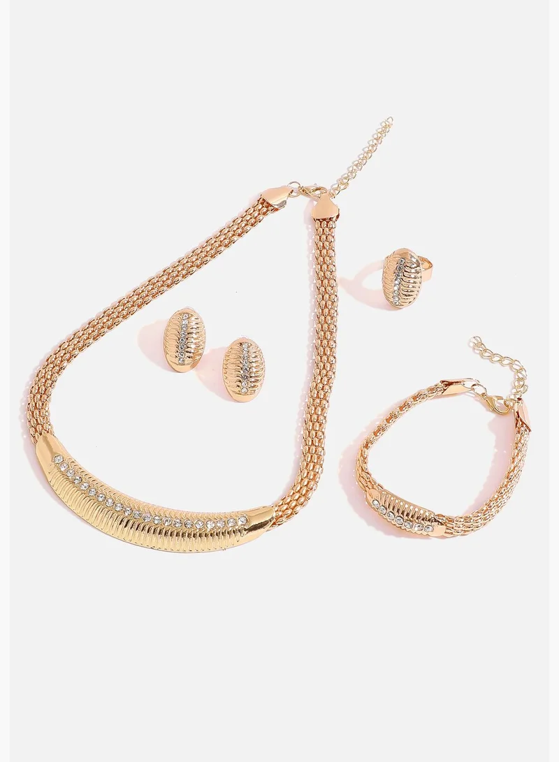 SOHI Gold Plated Designer Stone Necklace, Earring, Ring and Bracelet Set