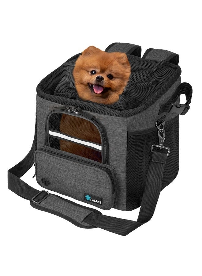 PetAmi سلة دراجة للكلاب، حاملة دراجة ناعمة الجوانب للكلاب، حقيبة ظهر لحاملة دراجة للكلاب، سلة دراجة للحيوانات الأليفة لمقود الدراجة، مقعد معزز للسيارة للجراء والقطط الصغيرة مع حزام أمان (رمادي داكن) - Image 1