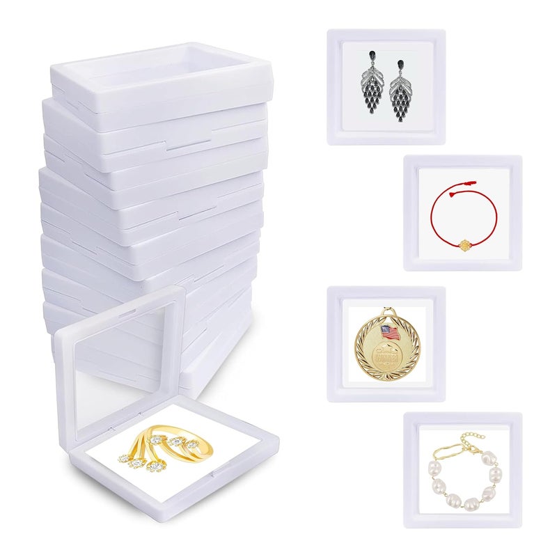 DEEPTAGS 3D Floating Frame Display Case for Earring Bracelet Jewelry Necklace Brooch Coins Rings Gems Minerals White 3 PCS 7x7x56 CM