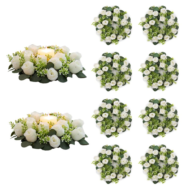 NUPTIO Flower Wedding Centerpieces for Tables - 10 Pcs 14 inch Diam Large White Artificial Flowers Fake Roses Candle Rings Wreaths Spring Summer Wreath for Front Door Weddings Party Ceremony Decor - Image 1