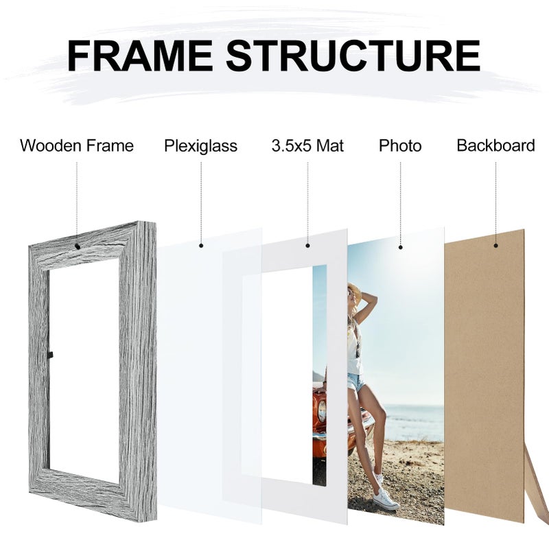 Vittanly 4x6 Picture Frame  Display Pictures 3.5x5 with Mat or 4x6 without Mat  Rustic Photo Frame for Wall or Table Top Display  Grey  1 Pack - Image 2
