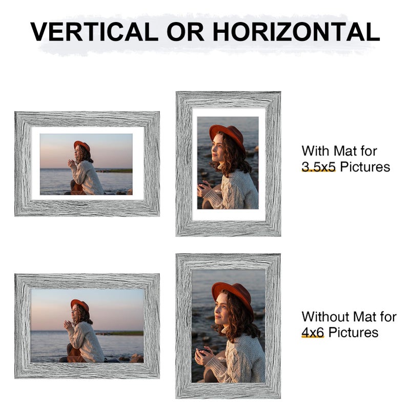 Vittanly 4x6 Picture Frame  Display Pictures 3.5x5 with Mat or 4x6 without Mat  Rustic Photo Frame for Wall or Table Top Display  Grey  1 Pack - Image 4