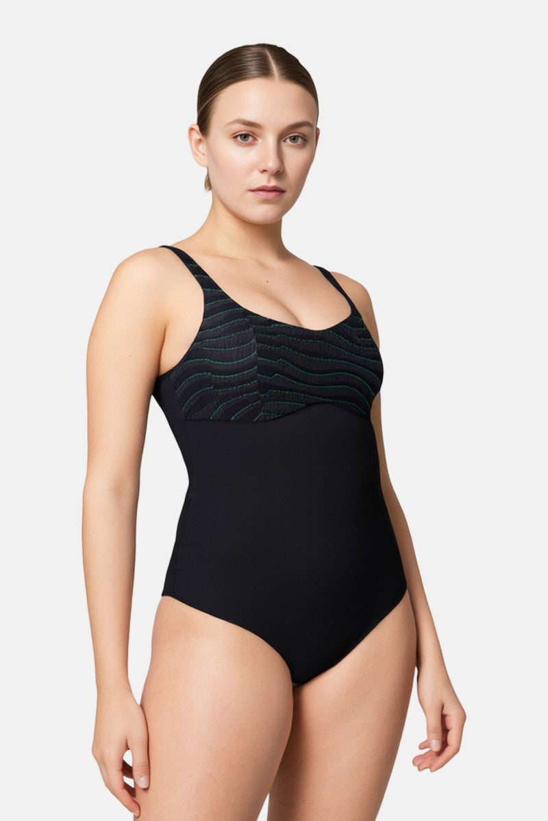 speedo Women Stripe Non Padded One Piece Swimsuit, Black - Image 1