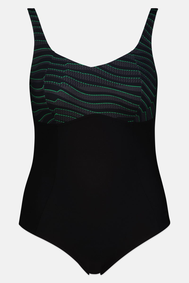 speedo Women Stripe Non Padded One Piece Swimsuit, Black - Image 2