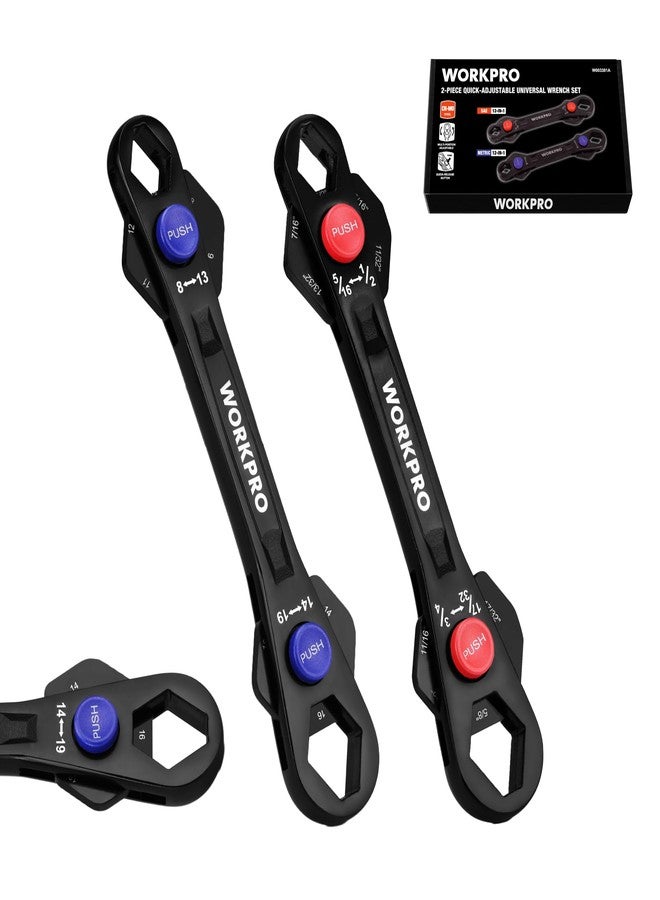 ووركبرو مجموعة مفاتيح ربط عالمية قابلة للتعديل من WORKPRO، قطعتان، ١٢ في ١، مقاسات مترية ٨-١٩ مم و٥/١٦ بوصة - ٣/٤ بوصة، SAE، مصنوعة من فولاذ الكروم والموليبدينوم المعالج حرارياً، مطابقة لمعايير ASME، رأس متعدد المواضع، للاستخدام المنزلي، ورش العمل، والمشاريع المنزلية - Image 1